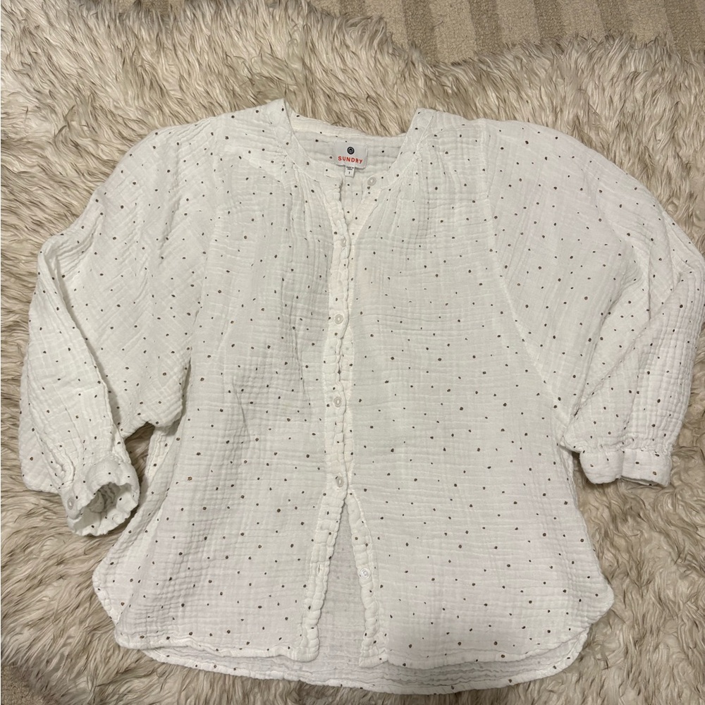 Sundry White Gauze Button-Down Top with Black Dot Print